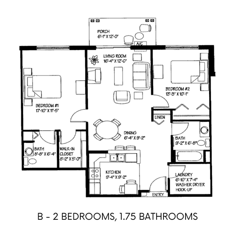 Floor plan for 2 beds, 1.5 baths, 1065 sqft